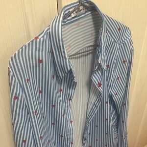 Blue & White Striped Button-Up Shirt with Cute Red Heart Accents - Like New!